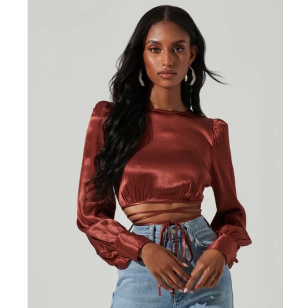 Satin Tie Waist Long Sleeve Top